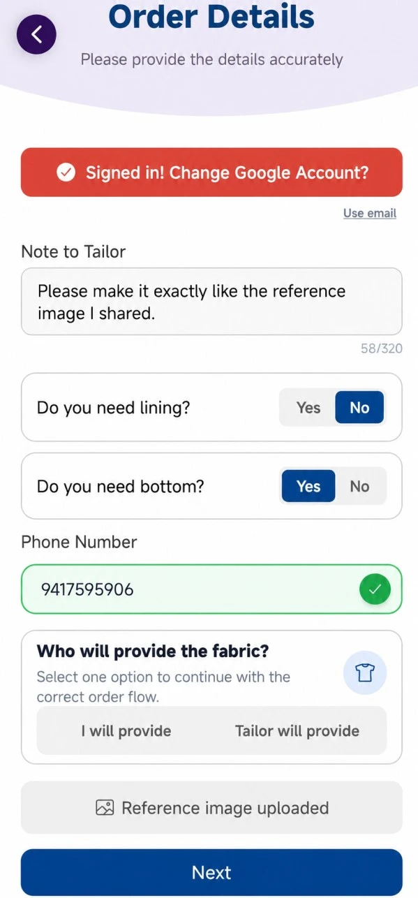Step 2: Share Tailoring Details app screen